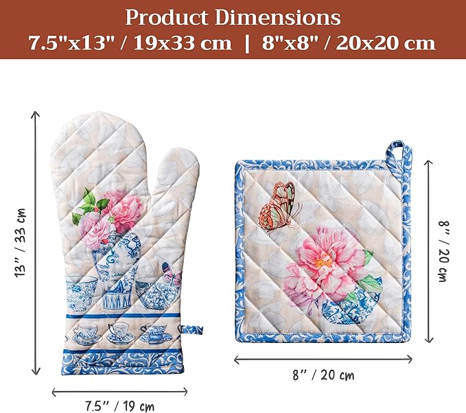 Maison d' Hermine 100% Cotton Oven Mitt & Pot Holder Set (7.5"x13" & 8"x8") Heat Resistant BBQ Cooking Gloves with Loop Baking Grilling Kitchen Gifts for Mothers Day Spring/Summer (Canton)