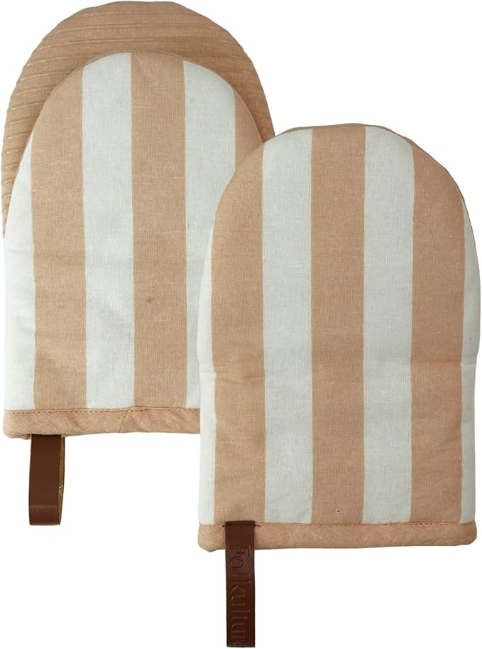 Folkulture Oven Mitts - Set of 2 (5.75"x9") | Oven Mitts with Hanging Loop for Cooking Gifts for Women, Kitchen Decor| 100% Cotton, Silicone Heat Resistant Mini Mitts - House Warming Gifts (Latte)
