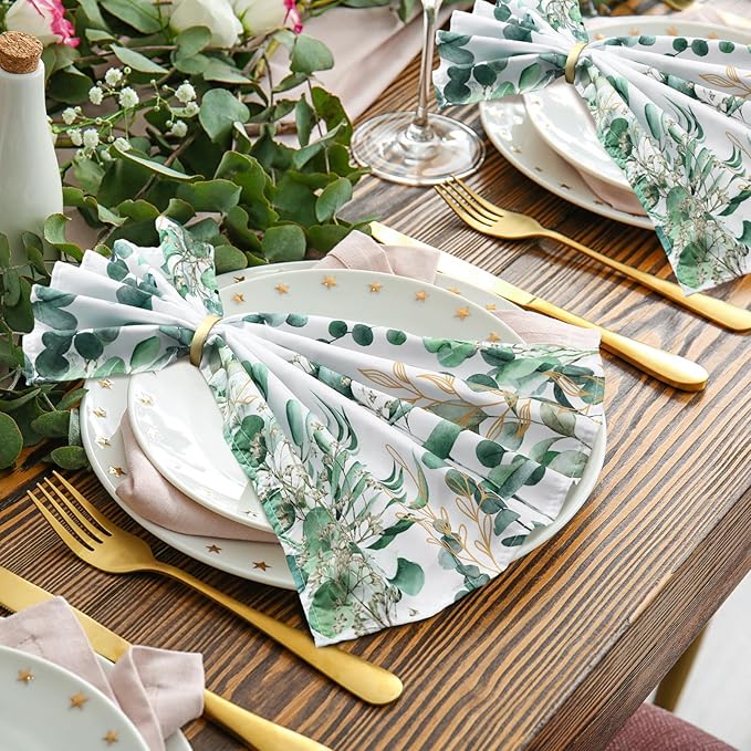 12 Pcs Eucalyptus Greenery Cloth Napkins 20"x20" Washable Dinner Tea Party Napkins for Kitchen Party Wedding Restaurant Indoor Outdoor Botanical Fresh Spring Summer