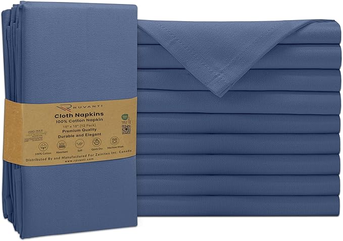 Ruvanti Cloth Napkins Set of 12, 100% Cotton High GSM 18x18 Inches Soft, Washable, Highly Durable & Absorbent, Perfect for Parties, Christmas, Thanksgiving Dinners – Bijou Blue