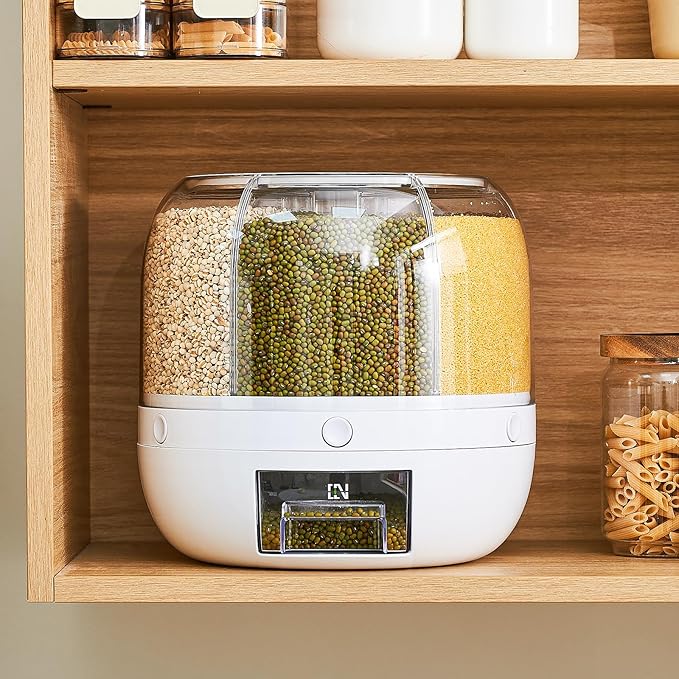 Rice Dispenser | 360° Rotating Grain Storage Bin - 6 Grids, 10LBS Large Capacity Food Container, Moisture-Proof, One-Click Output for Rice, Beans & Pet Food - Kitchen Pantry Organizer (White)