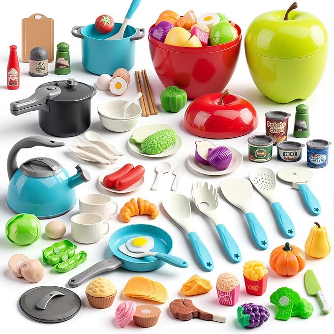 100Pcs Kitchen Playset, Kids Pretend Cooking Play Pots, Pans, Utensils, Cookware, Toy Food Fruits Veggies, with 2 Large Apple - Shaped Storage, Toddler Cooking Learning Gift (Turquoise)