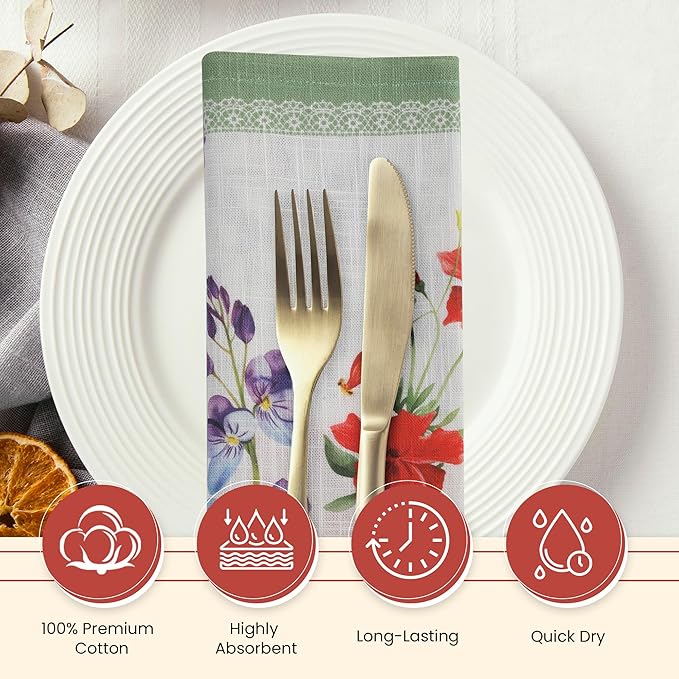 Vintage Vista Cotton Cloth Napkins Set of 4 (17" x 17") - Digital Printed Table Napkins Cloth Washable & Reusable for Everyday Use & Easter - (Red Flowers)