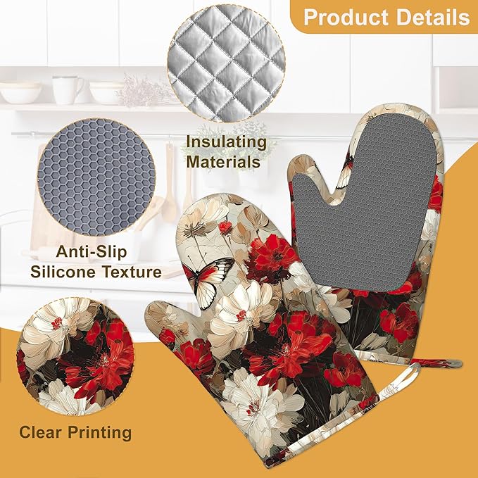 Oven Mitts and Pot Holders White Red Flower Silicone Kitchen Accessories Set of 4 Heat Resistant Gloves Butterfly Potholder Non-Slip Grip for Chef Cooking Baking Grilling BBQ
