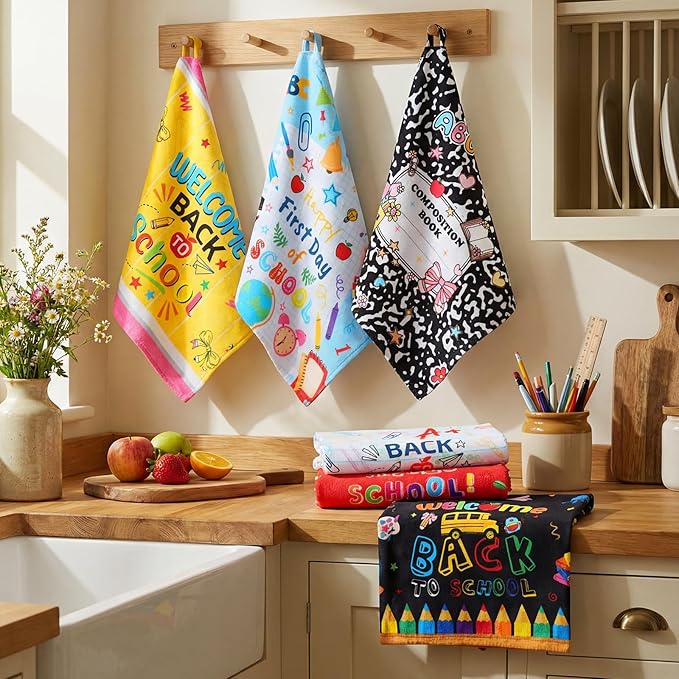 Breling Set of 6 Welcome Back to School Towels First Day of School Hand Dish Towels Highly Absorbent Decorative Classroom Cleaning Cloths for Classroom Bathroom Decorations Gifts, 14 x 21 Inch