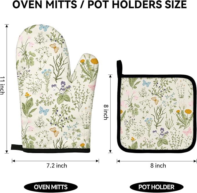 Vintage Wild Floral Oven Mitts and Pot Holders Sets Green Botanical Butterfly Kitchen Oven Gloves Hot Pads Farmhouse Potholders and Kitchen Mitts 4Pcs for Baking Cooking BBQ (Beige)