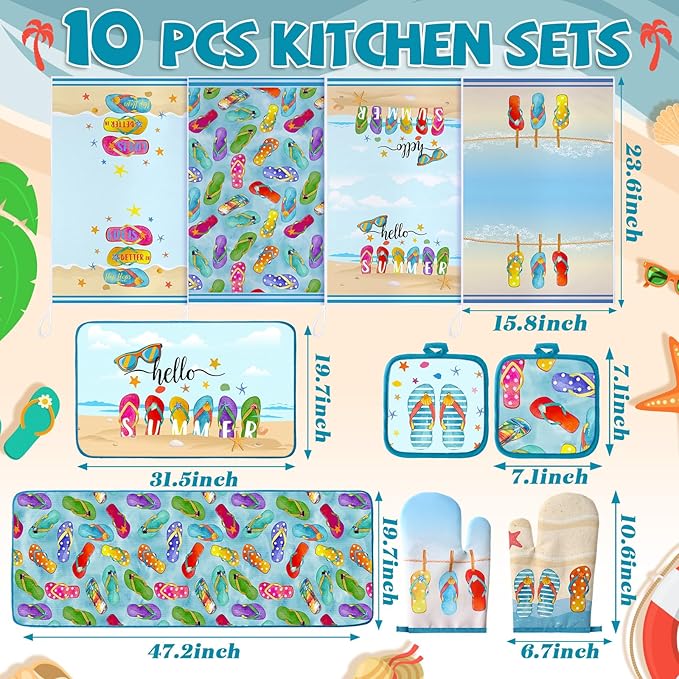 VitalCozy Set of 10 Summer Flip Flops Kitchen Decor and Accessories Beach Kitchen Towels Rugs Oven Mitts and Pot Holders Kit Hand Towels for Baking Cooking BBQ