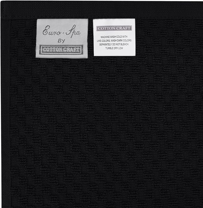 COTTON CRAFT Waffle 6 Piece Towel Set - 100% Cotton - 2 Oversized Luxury Euro Spa Waffle Weave Large Bath Towels, 2 Hand Towels, 2 Washcloths - Absorbent Quick Dry Hotel Bathroom Shower Pool - Black