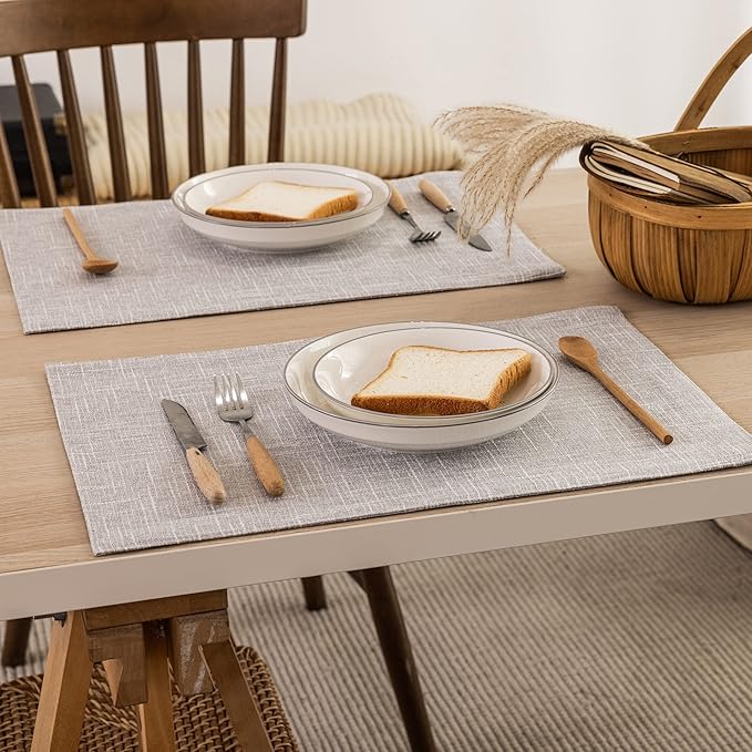 Kevin Textile Burlap Linen Placemats Set of 6 Heat Resistant Dining Table Place Mats Washable Kitchen Table Mats for Dinning Party Holiday Indoor Outdoor, 13 x19 inches, Grey White