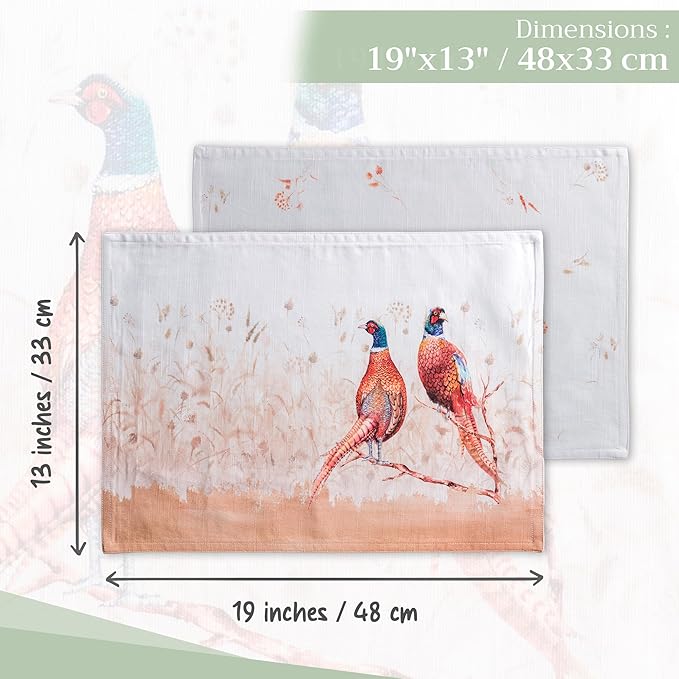 Maison d' Hermine Placemats Set of 4 100% Cotton Washable Cloth Place Mats, Reusable Table Mats for Thanksgiving Christmas Decorations Kitchen Dining Party Wedding (Faisan D'Automne, 13" x 19")
