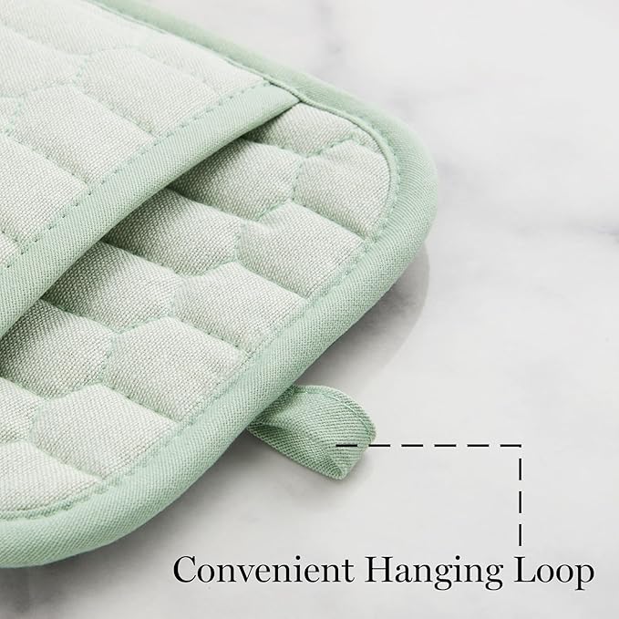 MARTHA STEWART Honeycomb Quilted Chambray Pot Holder 2-Pack Set, 100% Cotton, Flexible Non-Slip Silicone Grip, Heat Resistant, Mint Green, 7"X10"