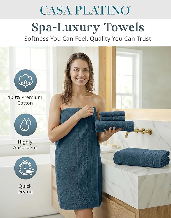 CASA PLATINO 100% Luxury Cotton Bathroom Towels Set - 18 Pc - Super Soft, Quick Dry & Highly Absorbent - 6 Bath, 6 Washcloth, 6 Hand Towels - Premium Hotel Quality, Ideal for Spa & Salons - Steel Blue