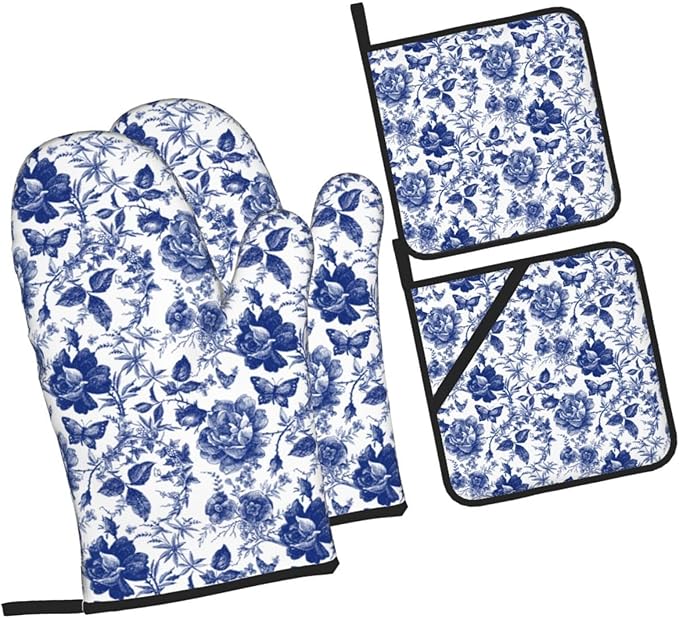 Blue and White Porcelain Floral Butterfly Oven Mitts and Pot Holders Set of 4,Vintage Chinoiserie Heat Resistant Non-Slip Potholders Oven Gloves and Pad for Kitchen Cooking Baking Grilling BBQ
