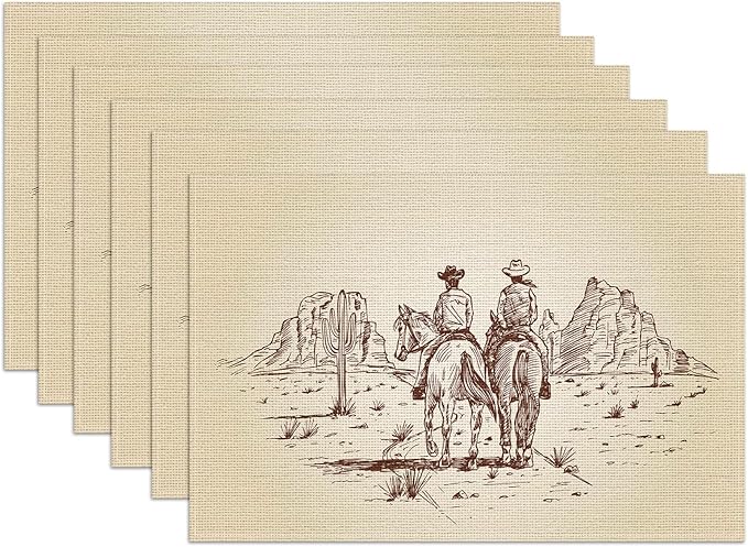 Western Cowboy Placemats Set of 6,12x18 Inch Linen Place Mat Washable Stain Resistant Table Mats for Spring Summer Seasonal Farmhouse Kitchen Party Home Decor