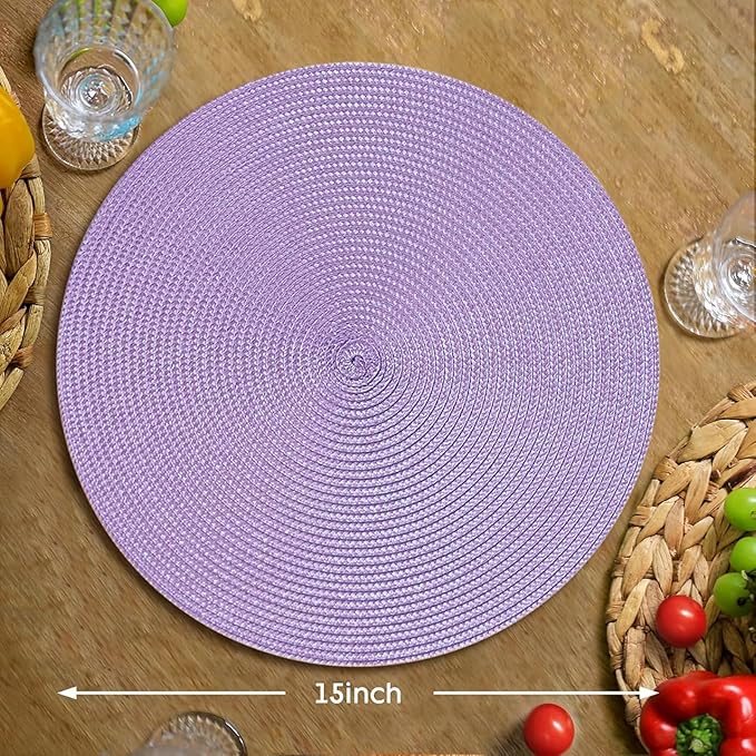 FunWheat Round Braided Placemats Set of 4 Table Mats for Dining Tables Woven Washable Non-Slip Place mats 15 inch(Lilac Purple,4pcs)