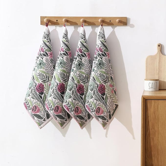 Cotton Kitchen Towels Set of 4, Quick Dry Sustainable Decorative Dish Towels for Kitchen Drying,Ultra Absorbent Reusable Cleaning Tea Towels,Pretty Hand Towels for Bathroom/Kitchen with Loop