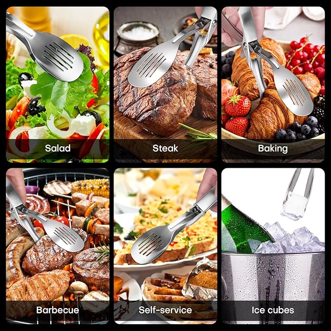 Nezylaf 10.8 Inch 304 Stainless Steel Cooking Tongs, Metal Kitchen Tongs with Oil Drain Holes & Spring Rebound, Anti-Slip Handle for Grilling BBQ Salad Serving
