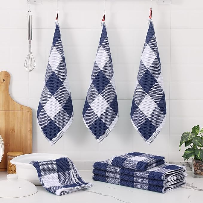 Homaxy Kitchen Towels and Dishcloths Set, 12 x 12 and 13 x 28 Inches, Set of 10 100% Cotton Waffle Weave Check Plaid Kitchen Dish Towels, Super Soft and Absorbent Dish Cloths, White & Navy Blue