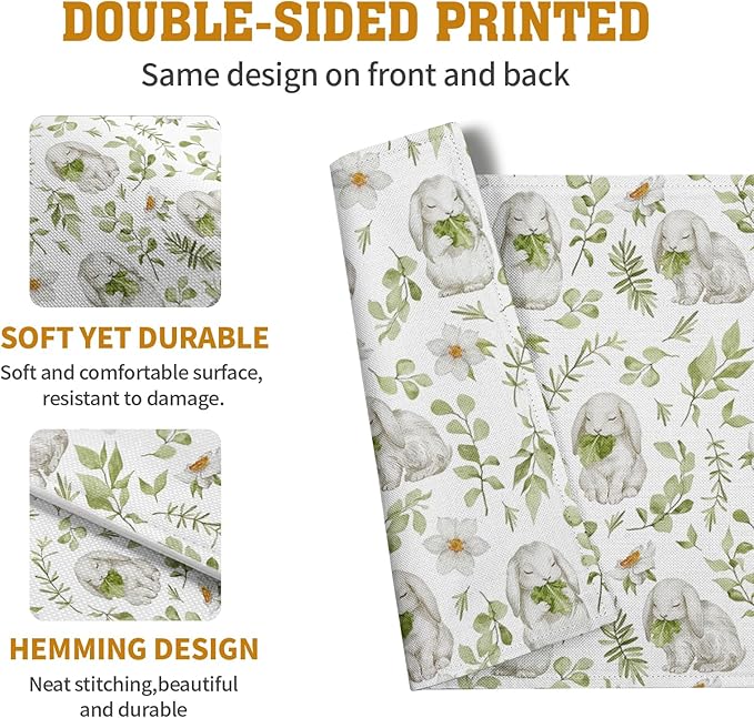 Easter Bunny Rabbits Placemats Set of 4 Easter Spring Green Leaves Flroal Dining Table Placemats 12x18 Inch Heat Resistant Washable Table Mats for Kitchen Dining Holiday Indoor