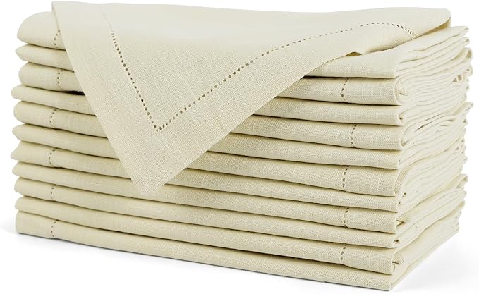 FINGERCRAFT Cloth Napkins, Hemstitched Napkins Cloth, 20 x 20 Inch Generous Picot Hem and Mitered Corner, Everyday Use Premium Quality Perfect for Parties Dinners Weddings Cocktail Set of 6 Beige