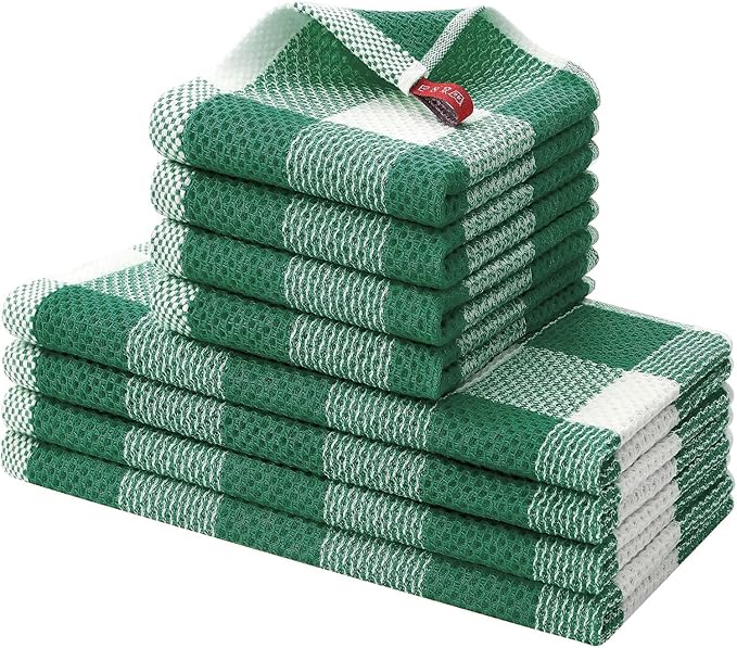 Homaxy Kitchen Towels and Dishcloths Set, 12 x 12 and 13 x 28 Inches, Set of 8 Bulk Cotton Waffle Weave Check Plaid Kitchen Towels, Super Soft and Absorbent Dish Towel, White & Dark Green