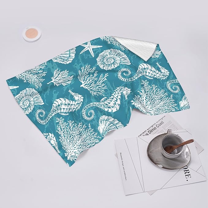 Teal Green Kitchen Towels Decorative Set Set of 2 Absorbent Dish Towels for Kitchen Bathroom Farmhouse Home Decor (Seahorse Corals, 16x24 Inch)