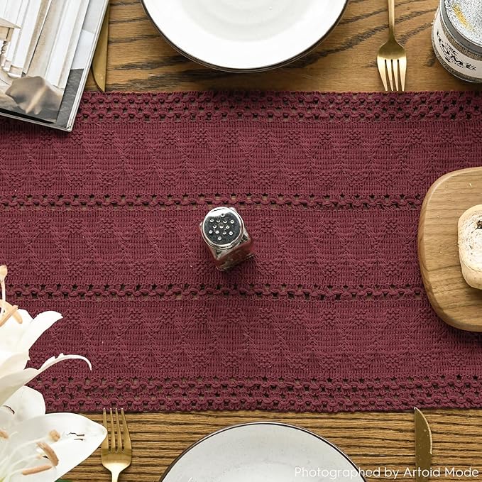 Artoid Mode Red Farmhouse Woven Rustic Hollow Table Runner, Seasonal Holiday Hollow Kitchen Dining Table Decoration for Home Party Decor 12x60 Inch