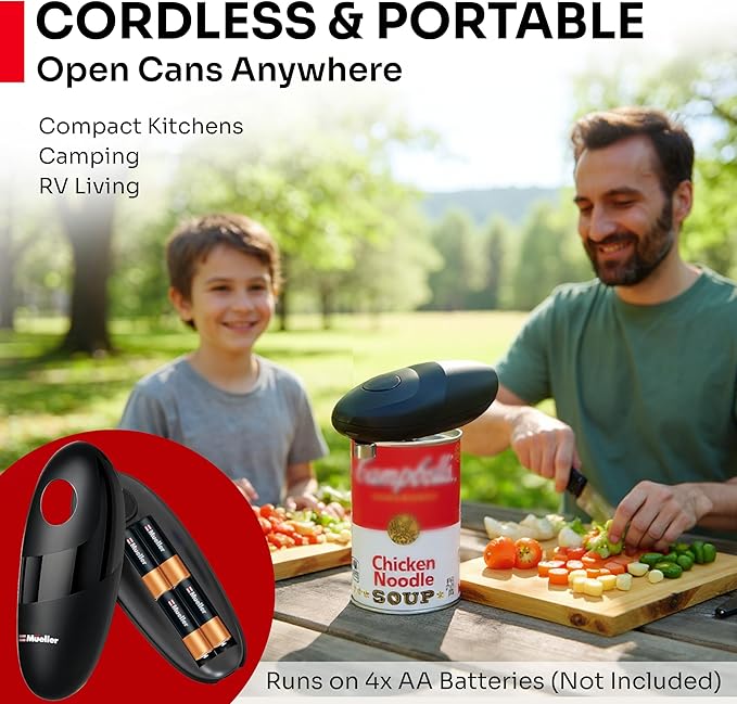 MUELLER HOME SmoothEdge Auto Electric Can Opener – Battery‑Operated One‑Touch w Magnet Lid Lifter – Portable Hands‑Free Automatic Can Openers for Seniors & Arthritis, Smooth‑Edge Cut Technology, Black
