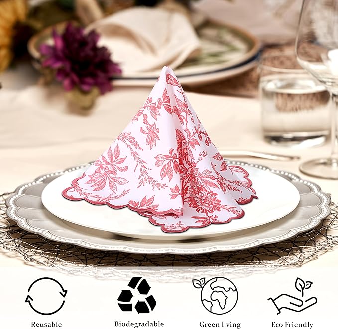Ridhi Hand Block Print Peach Coral 18" x 18" (Set of 4) Embroidery Table Napkins Reusable Cotton Dinner Napkins for Weddings, Parties, Everyday Dining Gift for Spring, Easter, Valentine