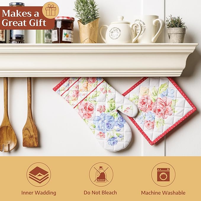 Maison d' Hermine 100% Cotton Oven Mitt & Pot Holder Set (7.5"x13" & 8"x8") Heat Resistant BBQ Cooking Gloves with Loop Baking Grilling Kitchen Gifts for Mothers Day Spring/Summer(Vintage Floral)
