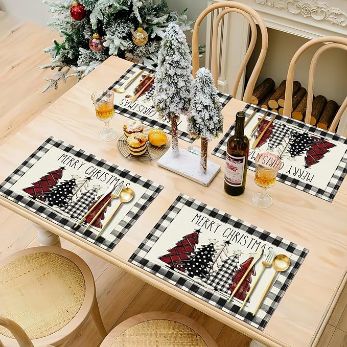 Bloss Christmas Placemats Set of 4,Buffalo Plaid Merry Christmas Trees Table Placemats,12x18 Inch Seasonal Winter Xmas Holiday Kitchen Dining Tables Mats Set of 4 for Indoor/Outdoor Home Party Decor