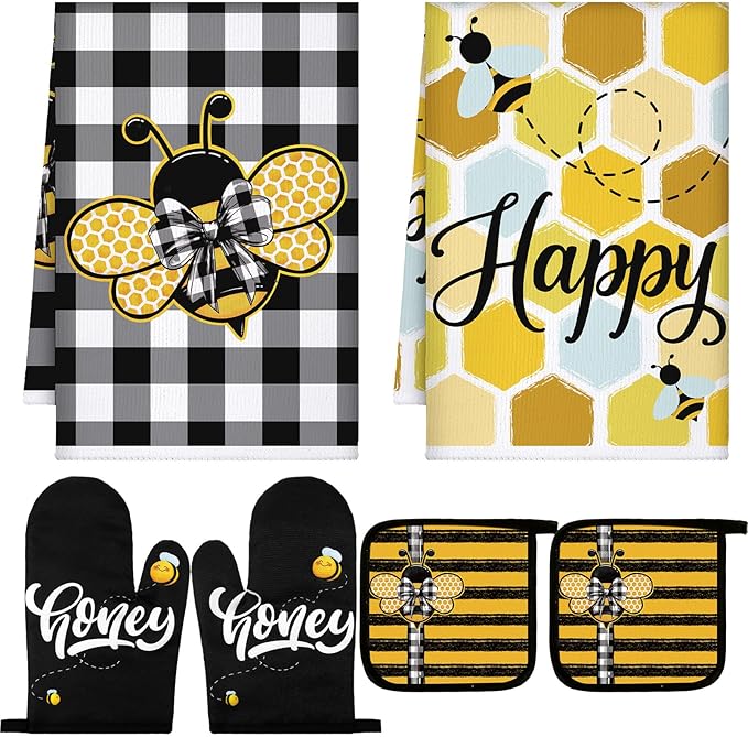 Leinuosen 6 Bee Kitchen Towels Kitchen Decor and Accessories Set Floral Plant Oven Mitts and Pot Holders Sets Farmhouse Absorbent Dish Towels for Cooking Baking Grilling