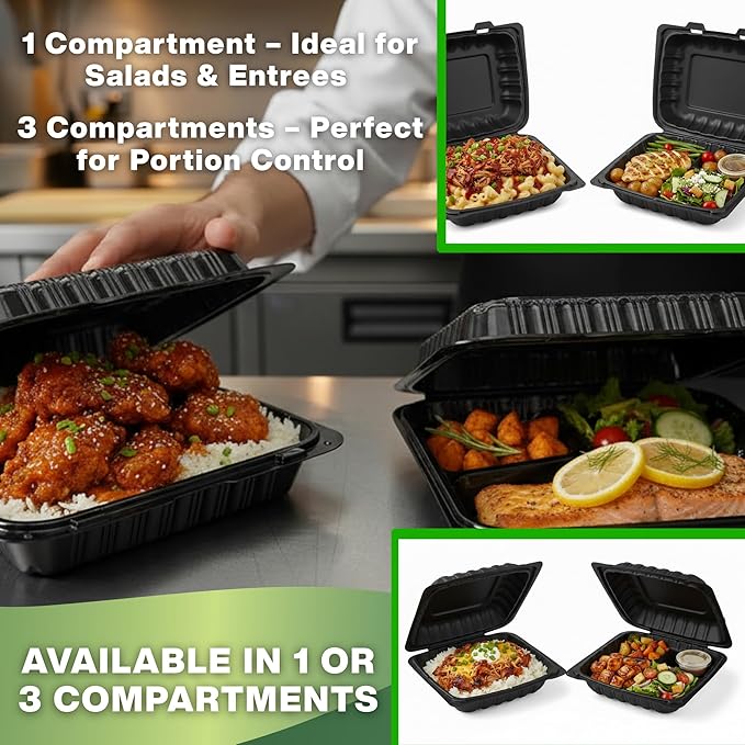 Hinged Take-Out Containers 9″ x 9″ BPA Free, Clamshell To Go Boxes Recyclable, Microwave & Freezer Safe Food Storage Boxes for Restaurants, Catering - Cake Slice Container - Black