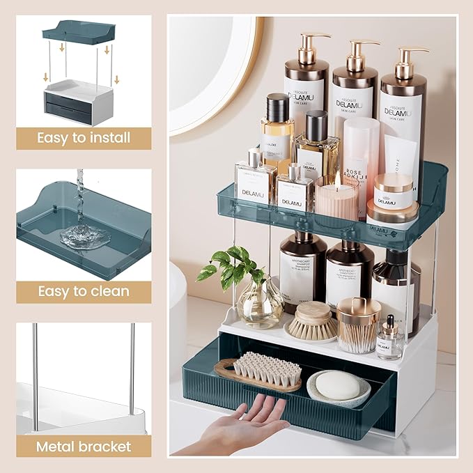 Delamu Bathroom Organizers and Storage, 2 Tier 2 Drawer Makeup Organizer Countertop, Easy to Install, Ideal for Bathroom Counter, Vanity, Ideal for Women Girls, Blue