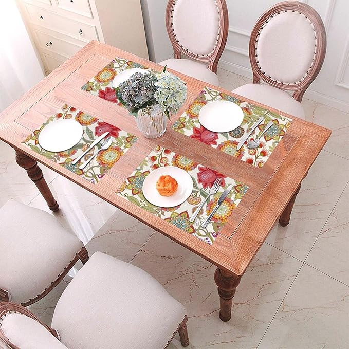 Boho Floral Placemats Set of 4, Flower Table Mats for Kitchen Dining Table, Colorful Decorative Place Mats Washable Linen Placemat 12"x18", Housewarming Gifts for New Home