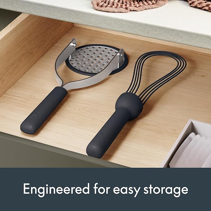 bella 2 Piece Compact Masher and Whisk Set, Fold Flat, Stainless steel and silicone, Foldable Masher, Ballon Whisk, Flat Whisk, Non-stick, Nonslip, Heat safe to 425°F, Slate
