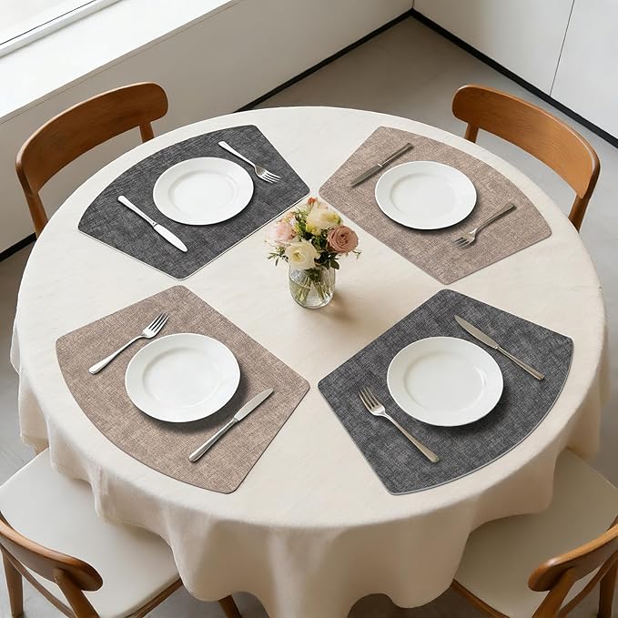 Round Table Placemats Set of 6, Dual-Sided Wedge Shape Faux Leather Table Mats, Washable Wipeable Heat Resistant Place Mats for Outdoor Indoor, Camel Gray