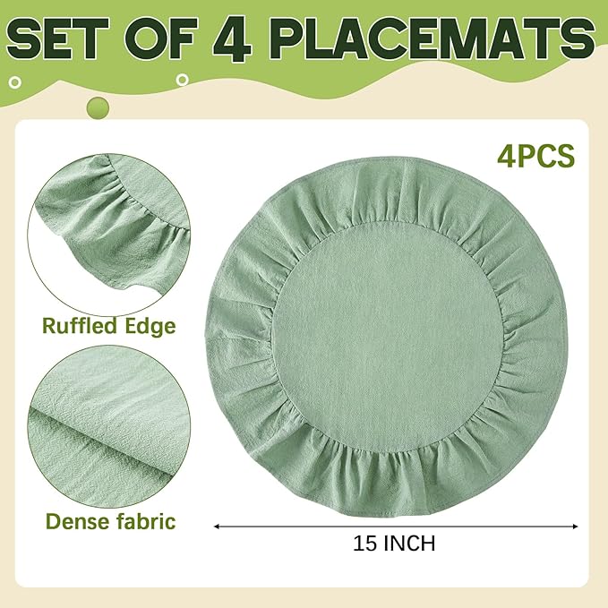4 Pcs 15 Inch 100% Cotton Scalloped Round Placemats, Thin Light Green Place Mats with Ruffle, Washable Placemats Table Mats for Kitchen Dining Holiday Gatherings Decor