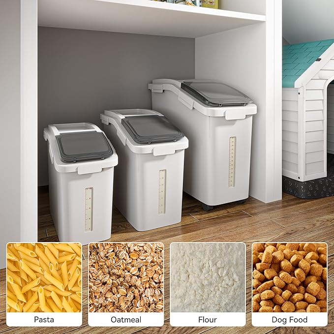 YITAHOME Ingredient Storage Bin, 20.6 Gallons(11.4+5.8+3.4 Gal) Capacity Shelf Bin,500 Cups Flour Bins with Wheels Commercial Shelf-storage Ingredient Bin with Scoop and Lid,Rice Bin for Kitchen,White