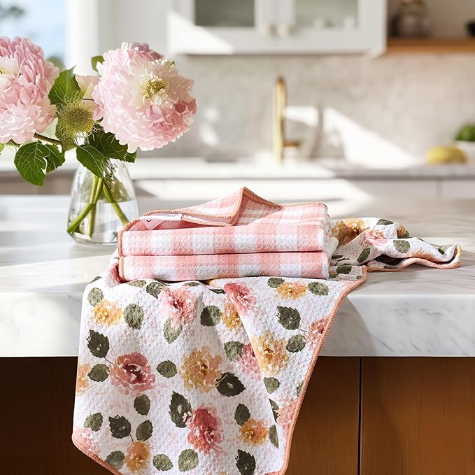RECYCO Waffle Kitchen Towel Set of 2 - Quick Dry Microfiber Sustainable Dish Towels - Absorbent Reusable Cleaning Tea Towels - Lightweight Hand Towels,16”x 28”, Rose Plaid