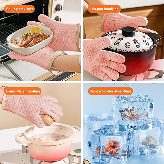 Silicone Oven Gloves with Fingers, High Temperature 450F Heat Resistant Oven Mitts Waterproof & Non-Slip Good Grip BBQ Grilling Gloves for Kitchen Cooking, Baking, Welding (Pink) ﻿