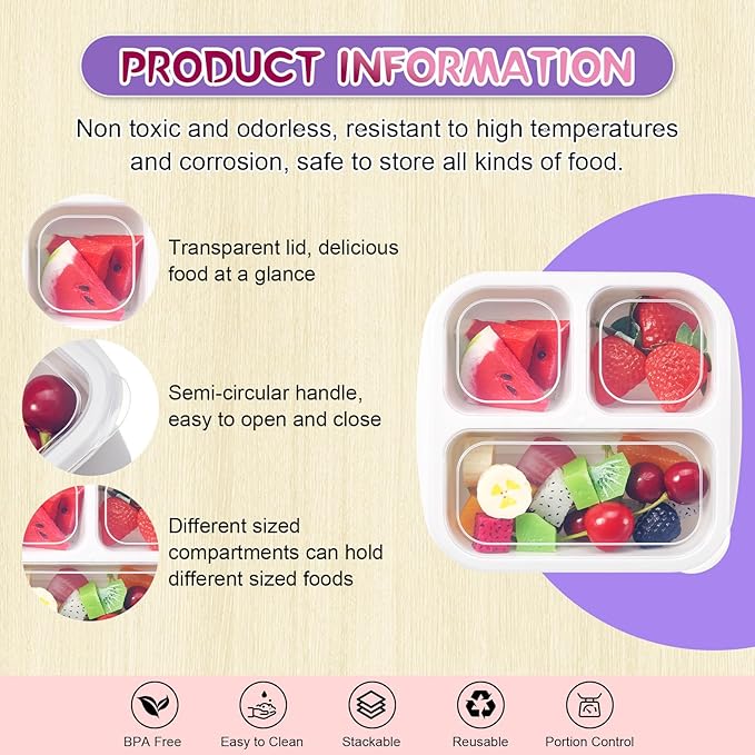 Honeydak 5 Pack Snack Containers 3 Compartment Bento Snack Boxes Divided Meal Prep Containers with Lids Reusable Adults Lunch Food Storage Box for School Work Travel(Elderberry)