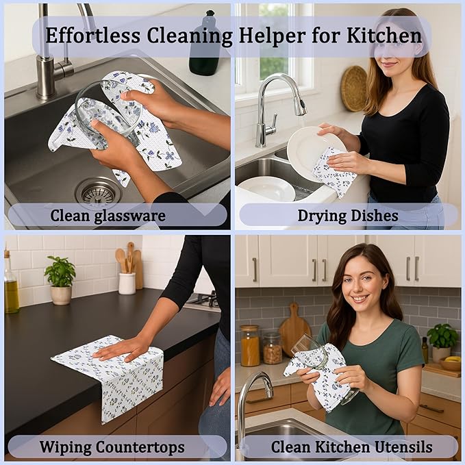 Ridhi Powder Blue Hand Block Print Cotton Waffle Dish Cloth Set of 12-12x12 Inch Super Absorbent, Soft, Reusable Kitchen Towels for Dish Drying Cleaning, Ideal for Spring, Easter, Valentine