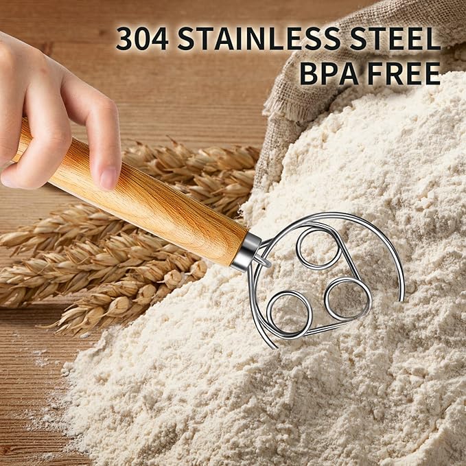 TEEVEA Danish Dough Whisk for Bread Sourdough, Wooden Handle & Stainless Steel Hook