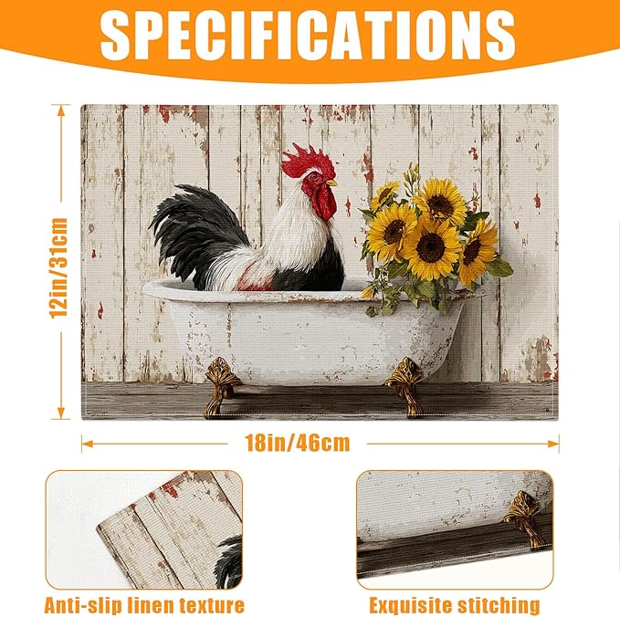 Rooster Sunflower Farmhouse Placemats Set of 6,12 x 18 Inch Table Mats Washable Heat Resistant Linen Fabric Rectangle Place Mat for Party Home Kitchen Dining