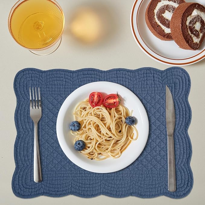 HOMBYS Quilted Placemats Set of 6 Washable-13x18 inches Rectangular Placemats for Kitchen Table-100% Cotton Fabric Rectangular Table Mats, (Sapphire Blue)