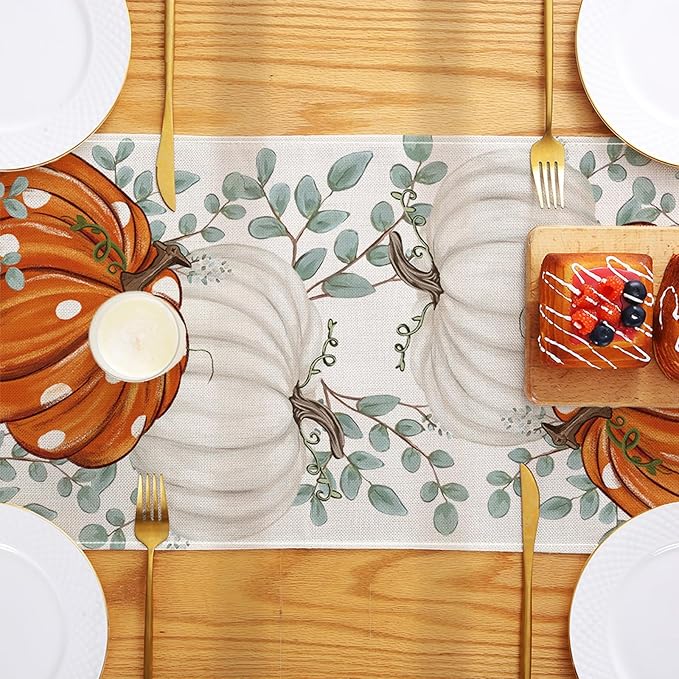 ONFAON Fall Decorations for Home, Fall Table Runner 13x72 Inch, Pumpkins Eucalyptus Leaves Thanksgiving Farmhouse Decor Table Decoration for Kitchen Dinning, Indoor Outdoor Dinner Party ZQZX02