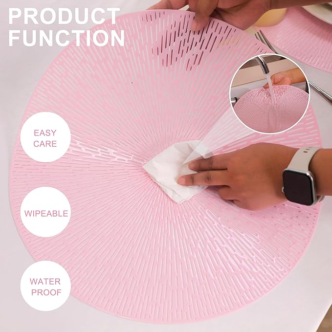 Snowkingdom Pink Easter Placemats Set of 8, Vinyl Hollow 15 Inch Light Pink Spring Round Place mats, Easy Clean Washable Wipeable Dining Table Mats for Mothers Day Wedding Christmas Party Decoration