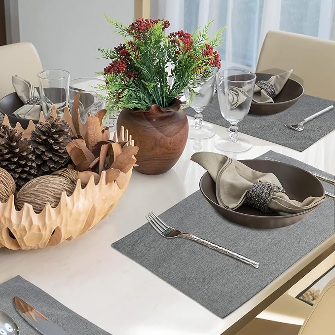 Sieral 12 Set Cloth Placemats Rectangle Dining Table Placemat Bulk 13 x 19 Inch Machine Washable Heat Resistant Cotton Linen Table Mats for Wedding Birthday Party Supplies(Dark Gray)