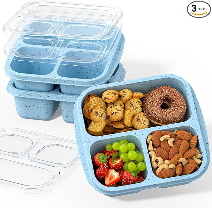 Snack Boxes (3 Pack) - Stackable Bento Boxes with 3 Compartments, Meal Prep Containers Reusable, Lightweight Lunch Containers for Kids and Adults, BPA Free (Blue)